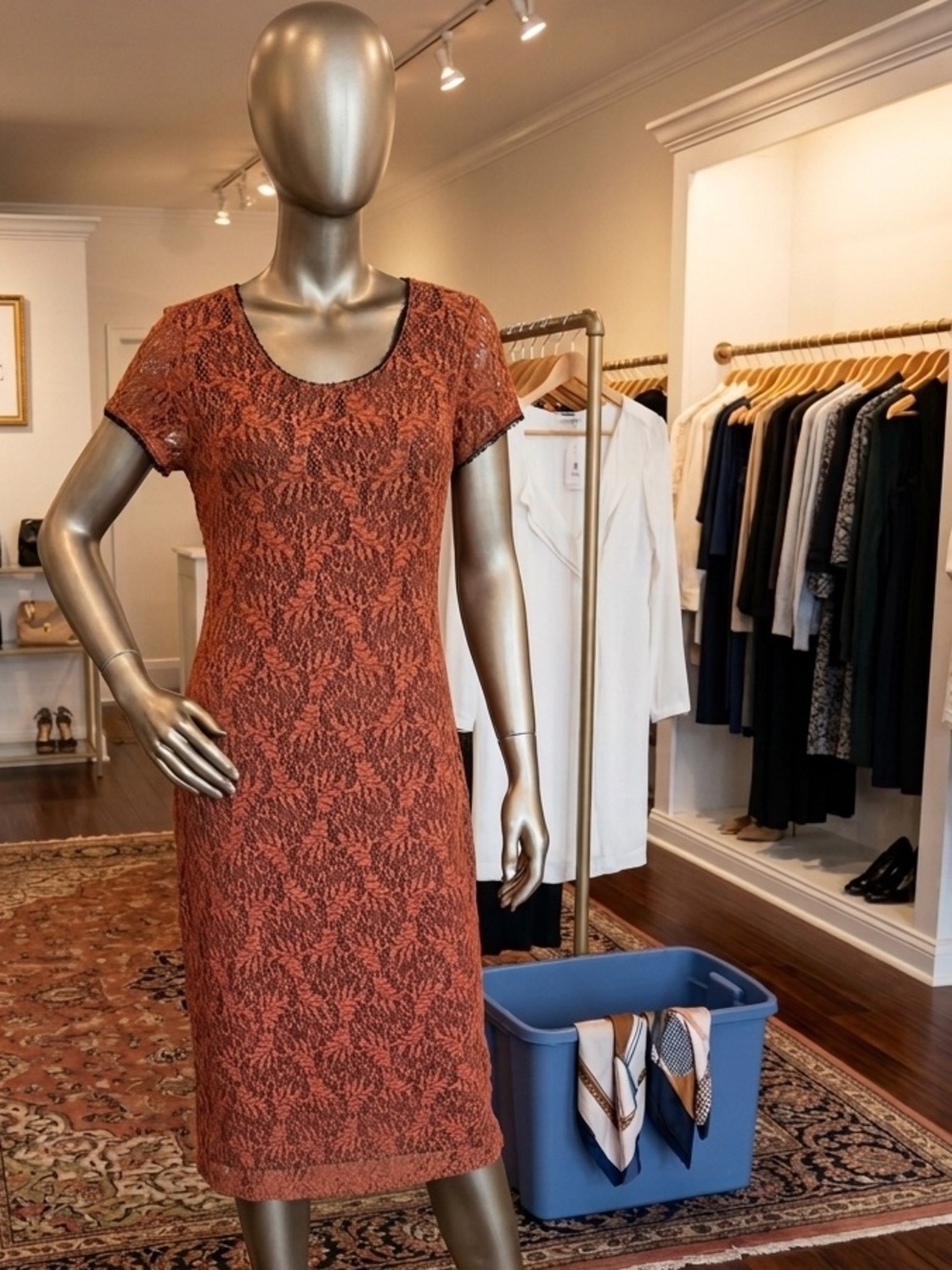 Rust Textured Short-Sleeve Midi Dress